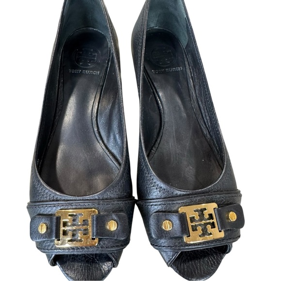 Tory Burch Black Leather Peep Toe Low Cork Wedges Size 8M - Picture 10 of 11